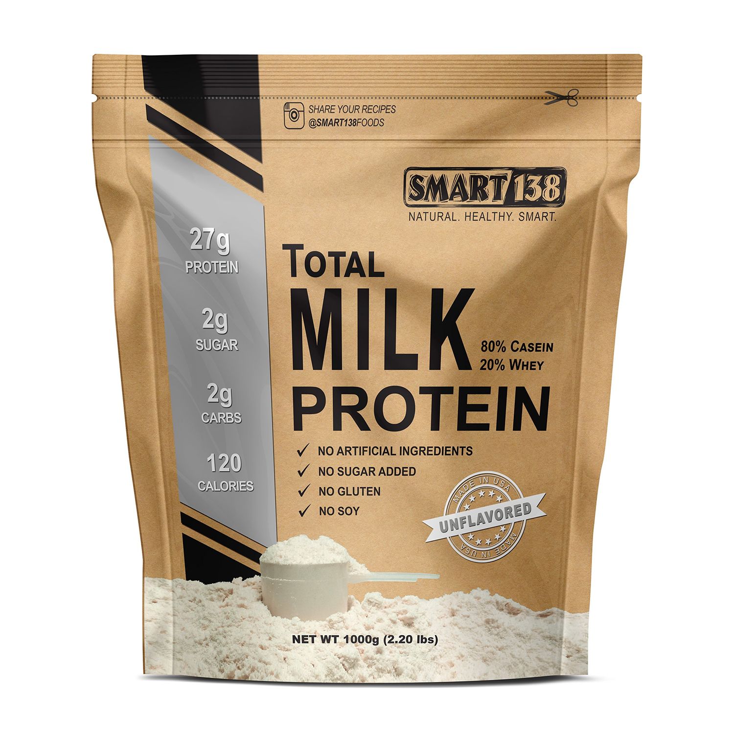 Smart138 Total Milk Protein - 80% Casein 20% Whey - RBST/rBGH Hormone Free, Gluten-Free, Soy-Free, Non-GMO, USA, Keto Low Carb, Natural BCAAs (1000g / 2.2lbs, Unflavored)