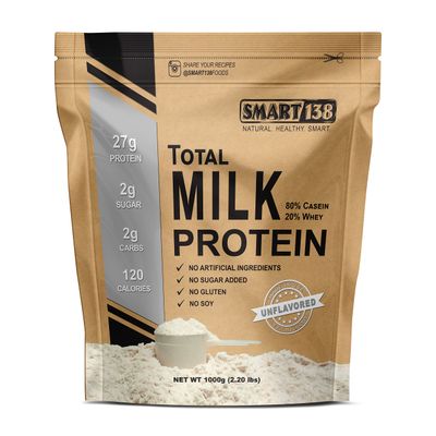 Smart138 Total Milk Protein - 80% Casein 20% Whey - RBST/rBGH Hormone Free, Gluten-Free, Soy-Free, Non-GMO, USA, Keto Low Carb, Natural BCAAs (1000g / 2.2lbs, Unflavored)