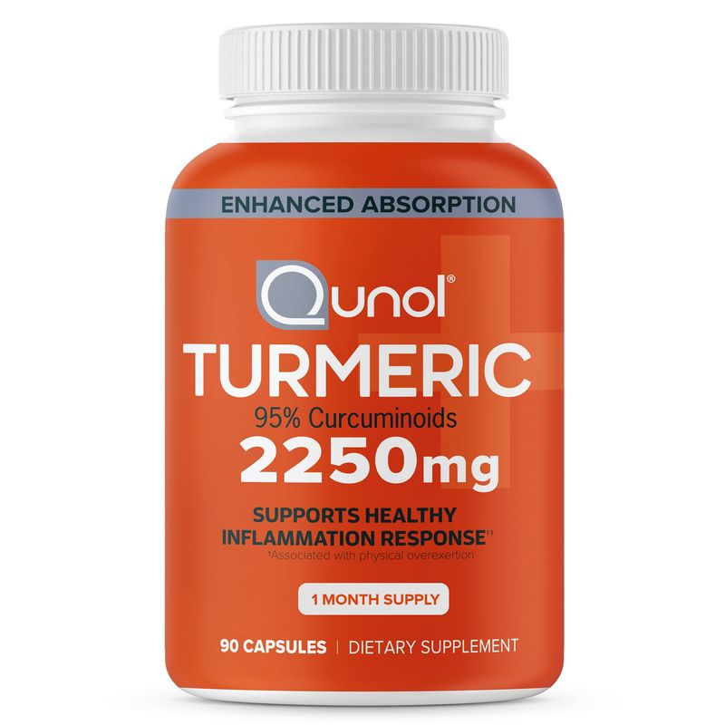 Qunol Turmeric Curcumin with Black Pepper, 2250mg Turmeric Extract with 95% Curcuminoids, Extra Strength Turmeric Supplement, Enhanced Absorption, Joint Support Supplement, 90 Vegetarian Capsules
