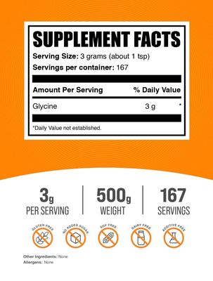 BulkSupplements.com Glycine Powder - Glycine Supplements, Glycine 3000mg - Glycine Amino Acid Supplement, Pure &amp; Gluten Free - 3000mg per Serving, 500g (1.1 lbs) (Pack of 1)