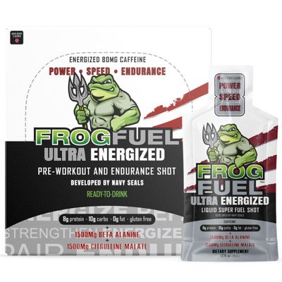 Frog Fuel Ultra Energized Pre Workout Shot &amp; Energy Gel, 80mg Caffeine, 1500mg Beta Alanine, Electrolytes 8g Protein Nano-Hydrolyzed Grass Fed Collagen, 10g Carbs, Berry, 1.2 oz Packets, 24 Pack