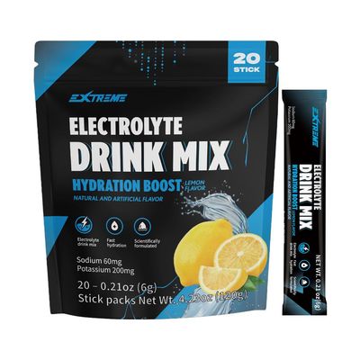 Extreme Electrolyte Drink Mix with Sodium 60mg, Potassium 200mg, Taurine - Hydration Powder, Zero Sugar, Zero Caffeine, Non GMO, Zero Gluten, Low Calorie, Lemon Flavor (20 Packets, 20 Days Supply)