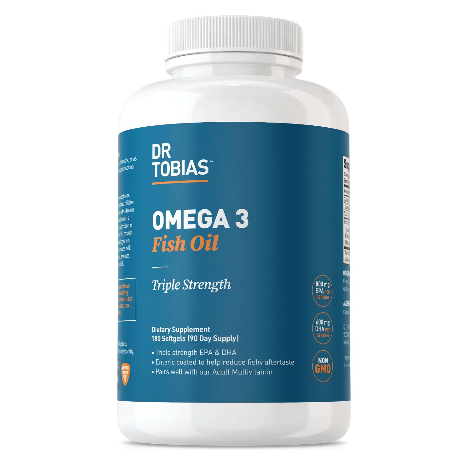 Dr. Tobias Omega 3 Fish Oil, 2000mg Triple Strength Omega 3 Supplement with 800mg EPA 600mg DHA Per Serving, Fish Oil Omega 3 Supplements for Heart, Brain &amp; Immune Support, 180 Softgels, 90 Servings