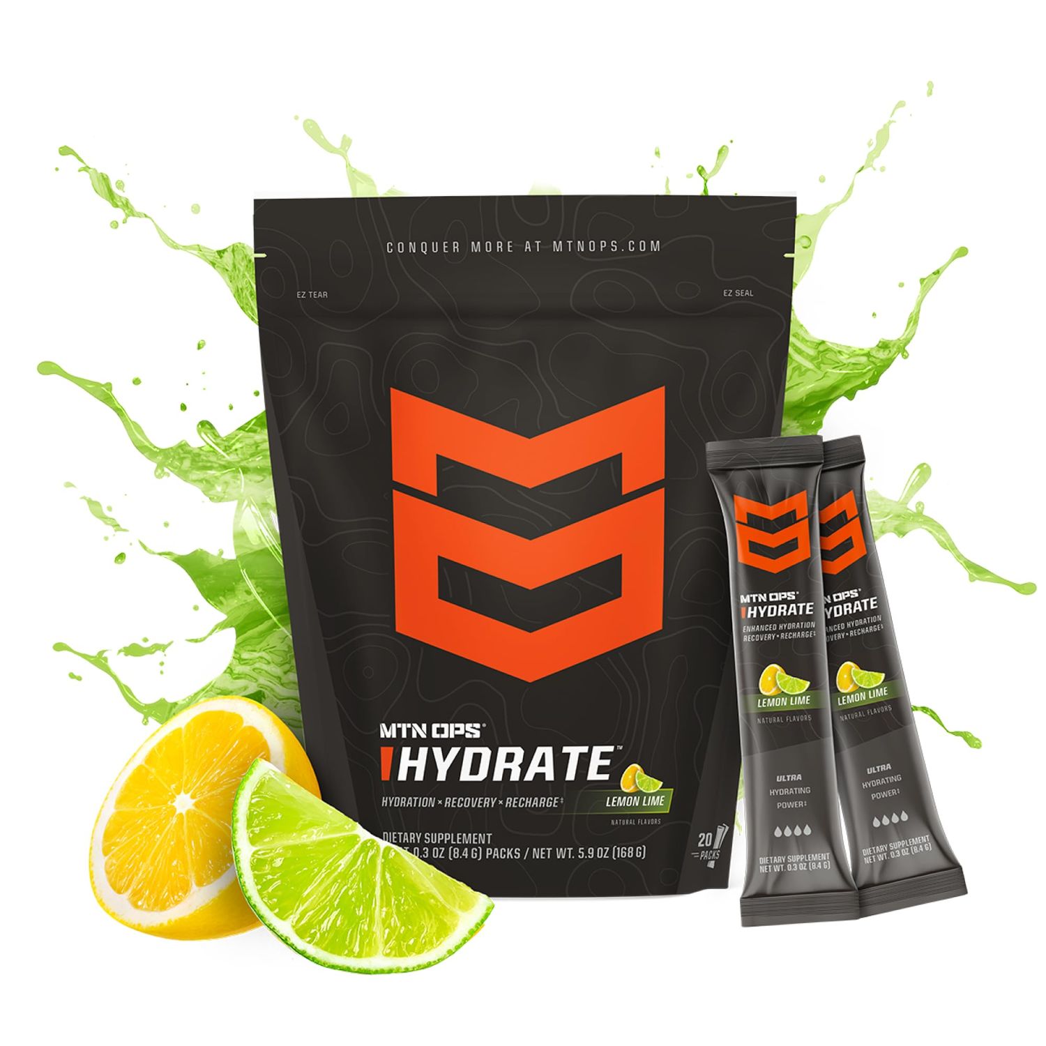 MTN OPS Hydrate Electrolytes Powder Drink Mix, 20 Single Serving On-The-Go Electrolyte Packs with Over 1000mg of Electrolytes per Serving, Lemon Lime
