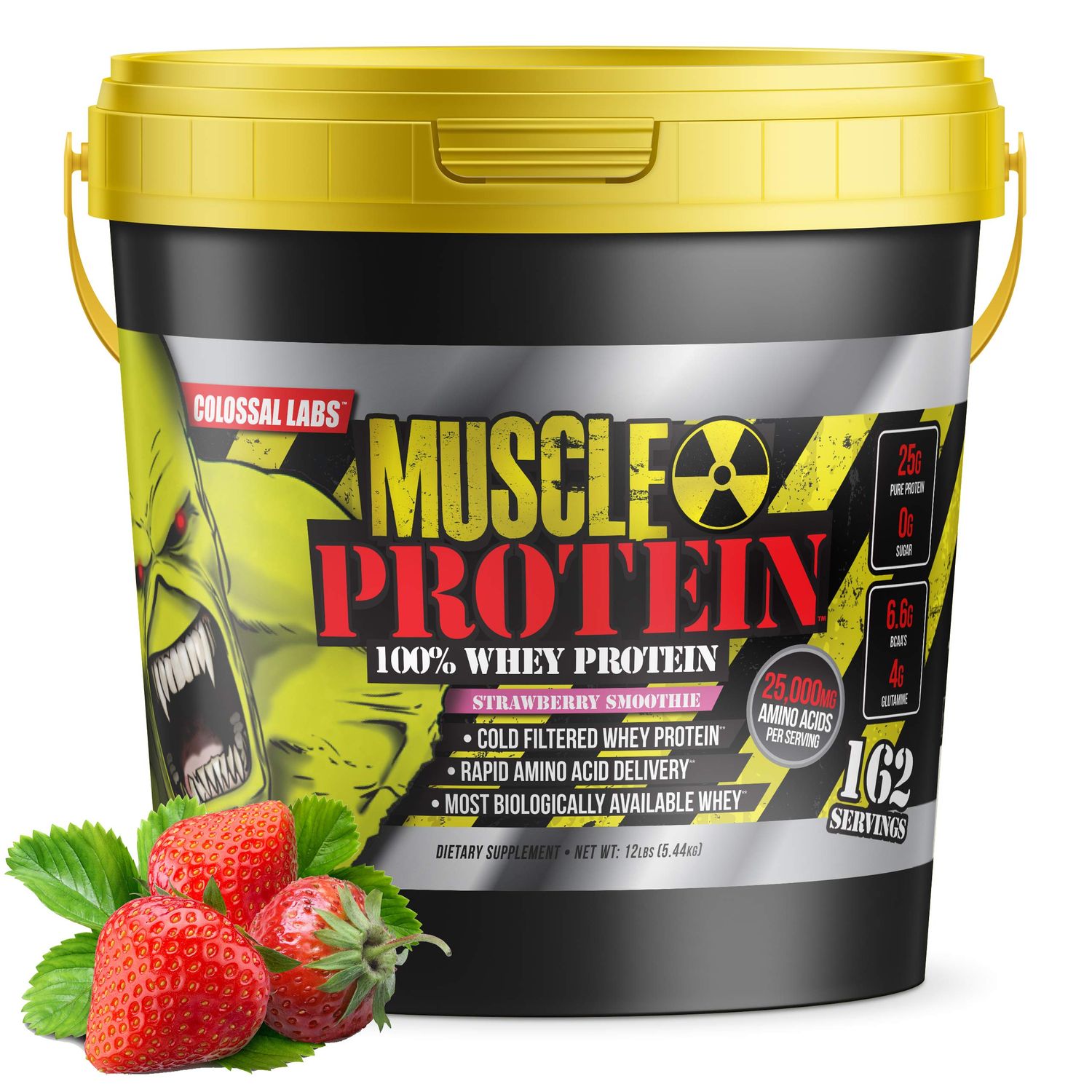 COLOSSAL LABS Muscle Protein Whey Powder [12 lbs/Pack of 1]-Strawberry Protein Powder, Cold Filtered, 25g Pure Protein, 6.6g BCAAs(Packaging May Vary)