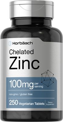 Horbach Chelated Zinc Supplement 100mg | 250 Tablets | High Potency &amp; Superior Absorption | Vegetarian, Non-GMO, Gluten Free