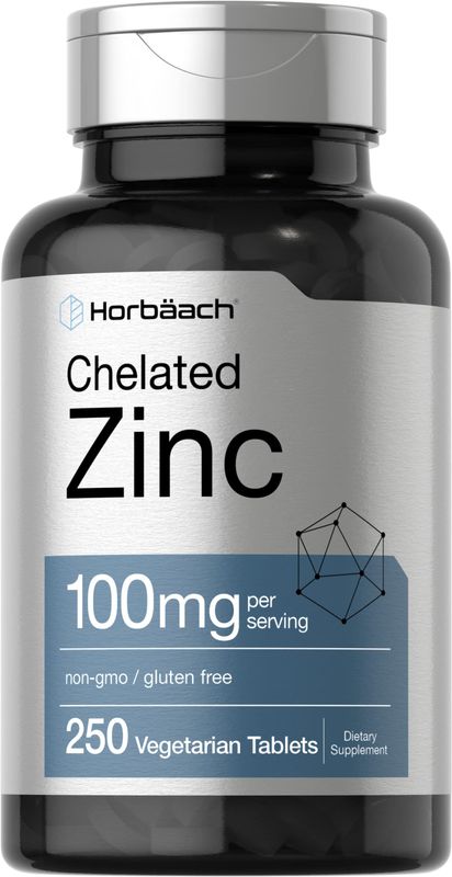 Horbach Chelated Zinc Supplement 100mg | 250 Tablets | High Potency &amp; Superior Absorption | Vegetarian, Non-GMO, Gluten Free
