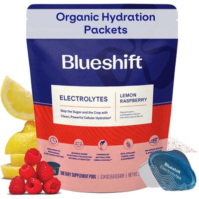 Blueshift Real Food Electrolytes, Award-winning Hydration with all 5 Electrolytes, Pink Himalayan Salt, Magnesium, Organic Raspberries, Lemons and Limes, Powder Packets, Sugar-Free Drink Mix Packets