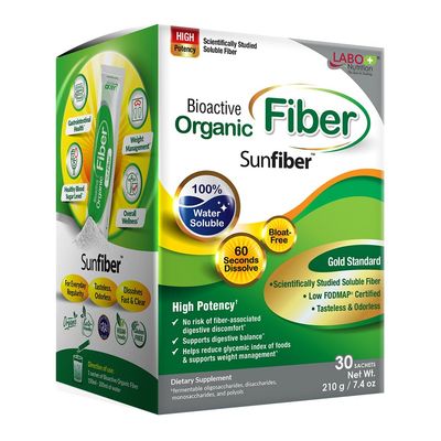 LABO Nutrition Bioactive Organic Fiber, Sunfiber Soluble Prebiotic Fiber Supplement, Support Healthy Digestive, Intestinal, Wellness with Partially Hydrolyzed Guar Gum, Low-FODMAP, Non-GMO, 30 Sachets