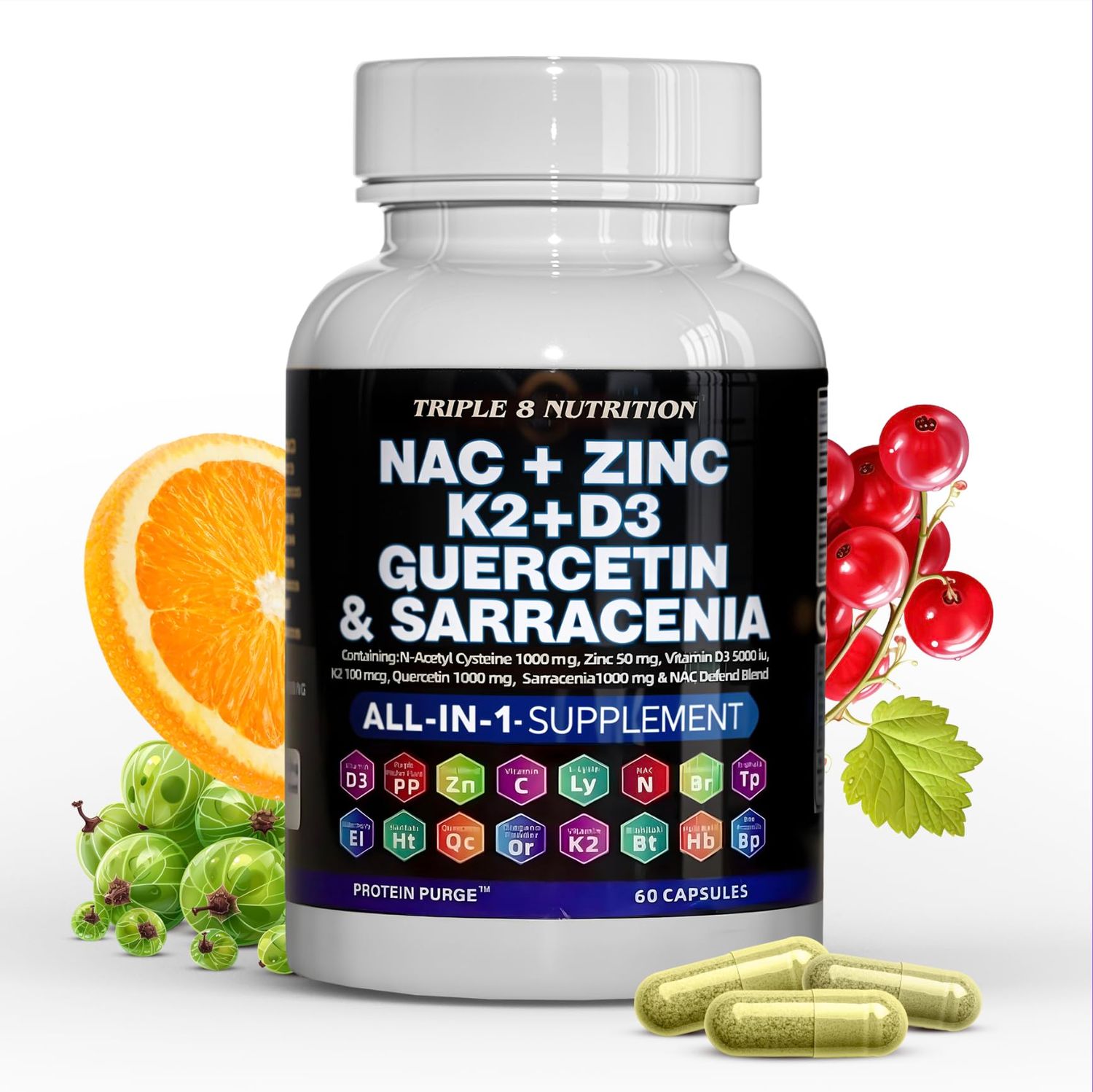 TRIPLE 8 NUTRITION NAC Supplement N-Acetyl Cysteine 1000mg Vitamin D3 K2 Zinc Quercetin 1000mg Sarracenia Purpurea 1000mg with Elderberry Holy Basil Bee Propolis Bromelain L-Lysine - 60 Count