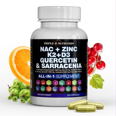 TRIPLE 8 NUTRITION NAC Supplement N-Acetyl Cysteine 1000mg Vitamin D3 K2 Zinc Quercetin 1000mg Sarracenia Purpurea 1000mg with Elderberry Holy Basil Bee Propolis Bromelain L-Lysine - 60 Count