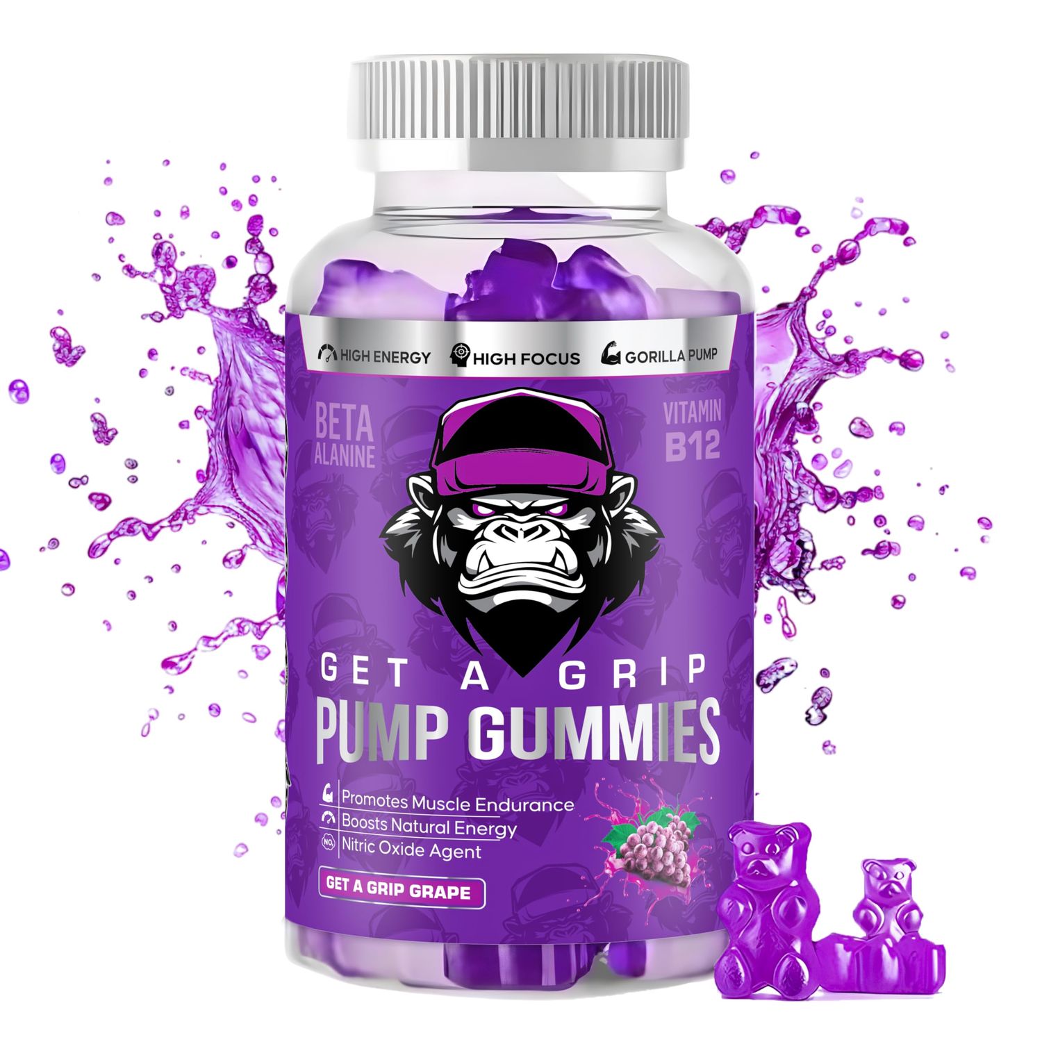 Get A Grip Non-Stim Pre-Workout Pump Gummies, Vitamin B12, Beta Alanine, Taurine, Pink Himalayan Salt, L-Citrulline- Boost Energy and Focus Naturally!