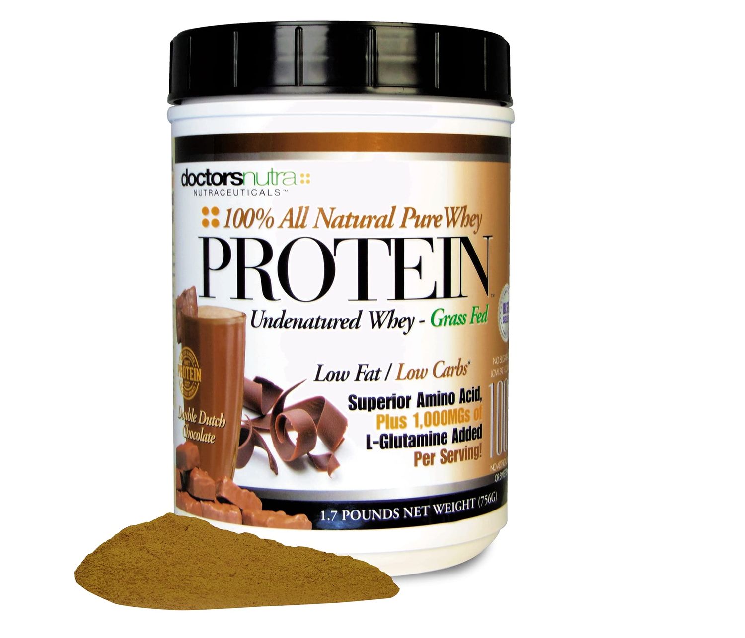 Doctors Nutra Nutraceuticals Pure 100 Percent - Undenatured Grass Fed Whey Protein, Low Carb Low Fat, Double Dutch Chocolate Flavor, Natural Ultrafiltered Plus 1000 Milligrams L-Glutamine