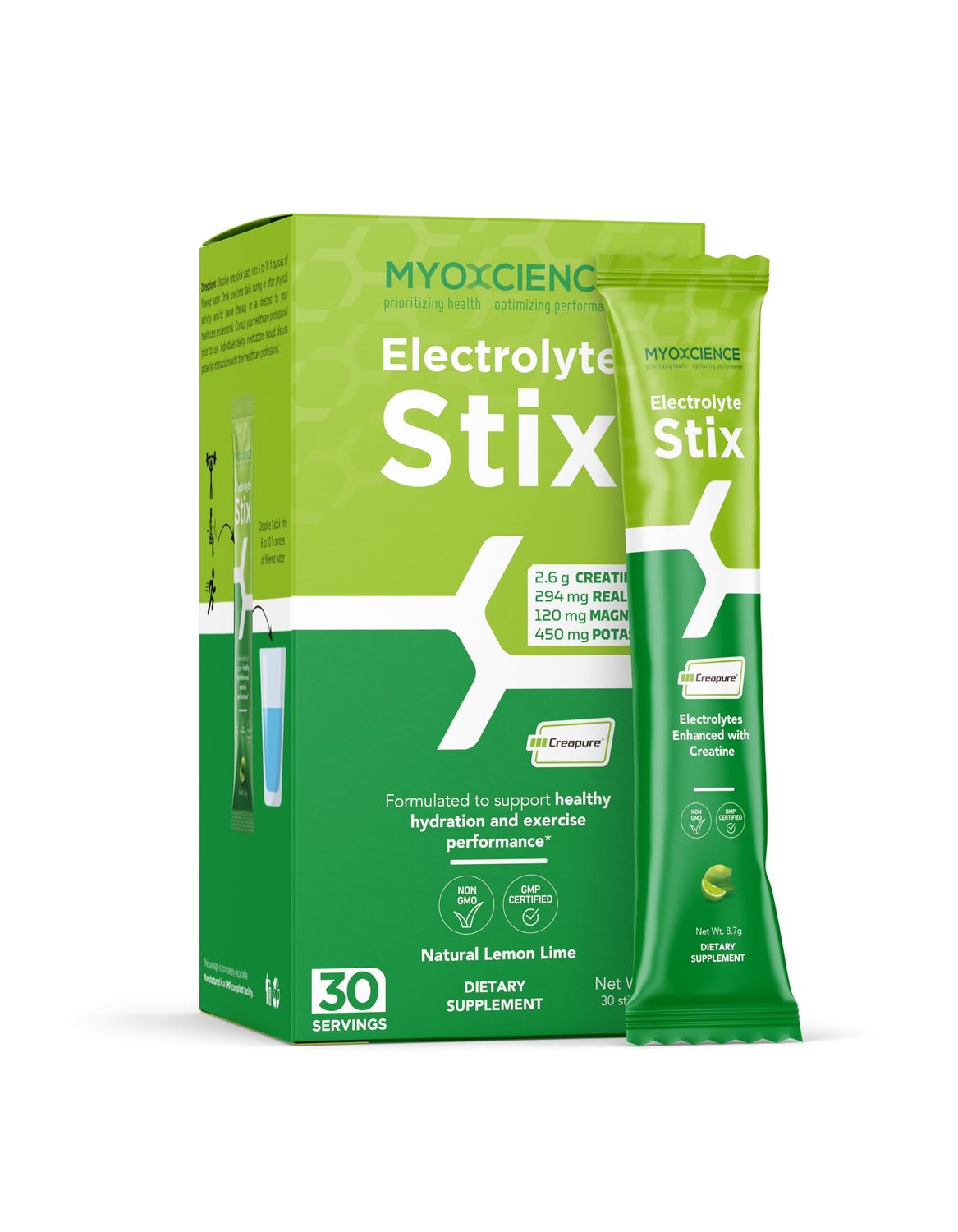 MYOXCIENCE Electrolyte Stix | Creatine Electrolyte Powder | Recovery from Exercise &amp; Muscle Development w/Real Salt (Lemon Lime 30 ct)