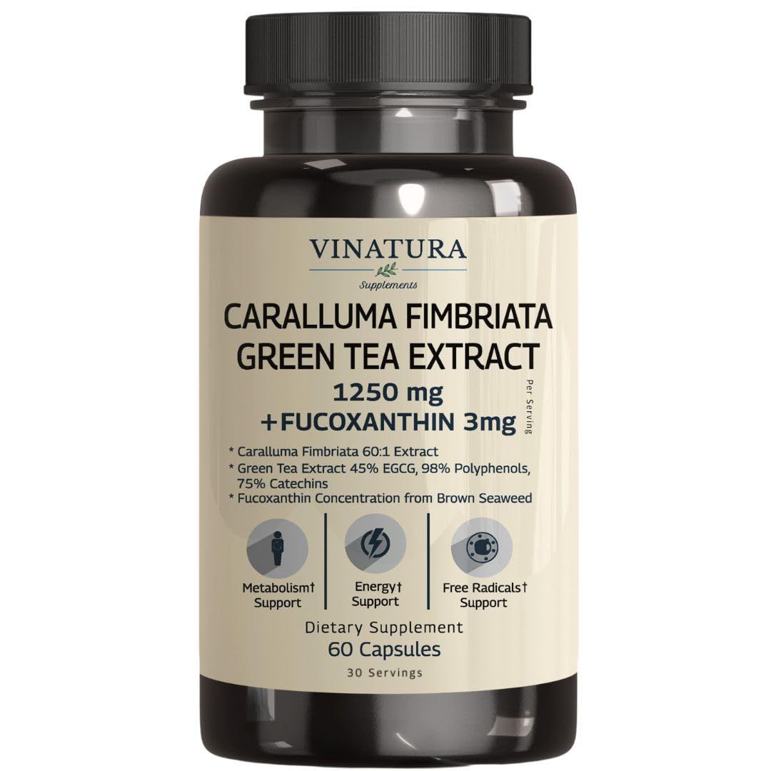 VINATURA Caralluma Fimbriata, EGCG 45% Extract 1250mg + Fucoxanthin 3mg per Serving *USA Made &amp; Tested* for Immune Support, Energy and Mental Focus - 60 Capsules 30 Servings
