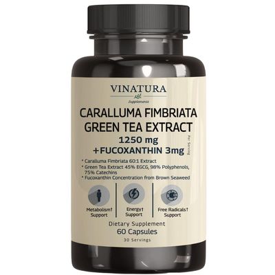 VINATURA Caralluma Fimbriata, EGCG 45% Extract 1250mg + Fucoxanthin 3mg per Serving *USA Made &amp; Tested* for Immune Support, Energy and Mental Focus - 60 Capsules 30 Servings