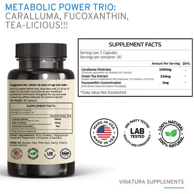 VINATURA Caralluma Fimbriata, EGCG 45% Extract 1250mg + Fucoxanthin 3mg per Serving *USA Made & Tested* for Immune Support, Energy and Mental Focus - 60 Capsules 30 Servings