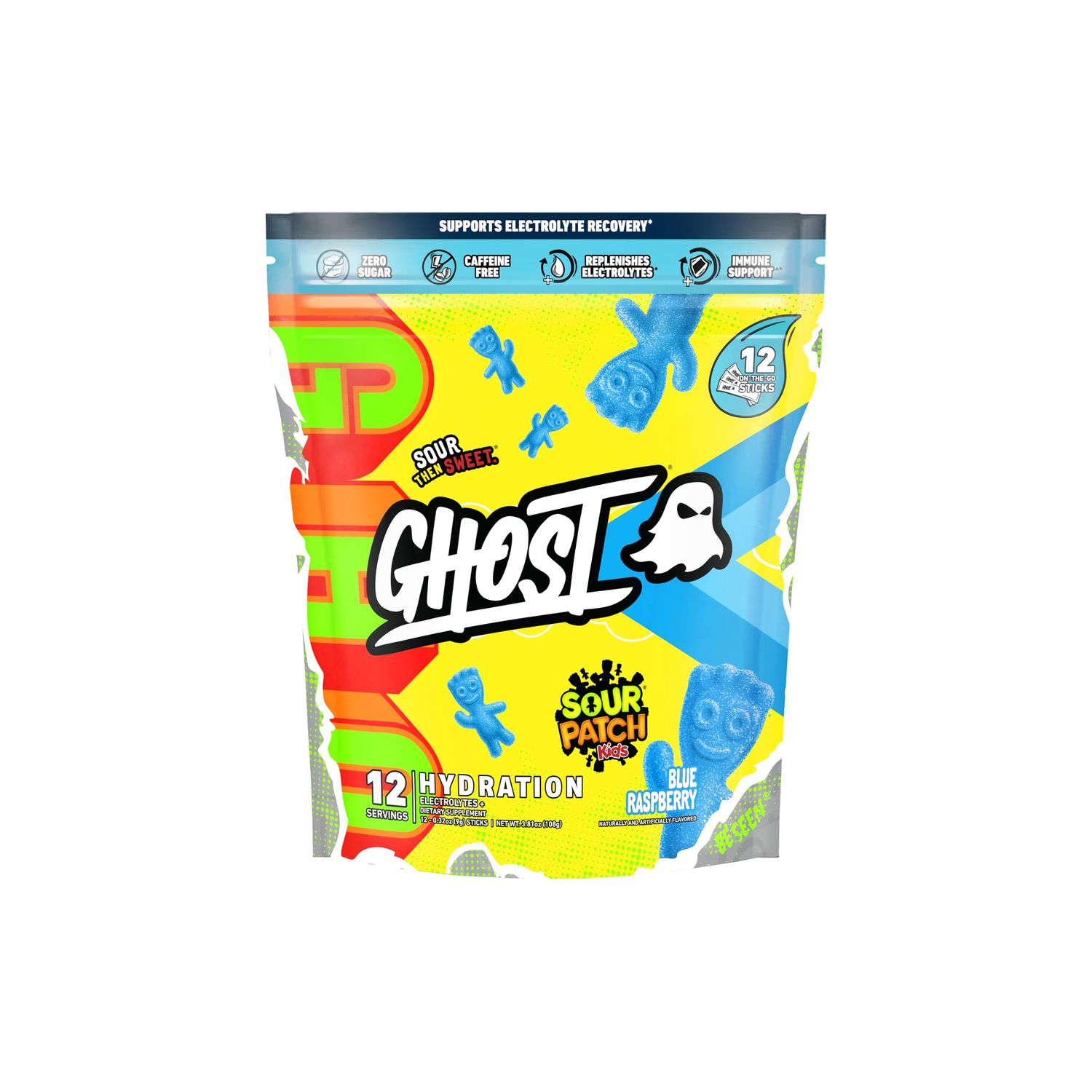 GHOST Hydration Packets, Sour Patch Kids Blue Raspberry, 12 Sticks, Electrolyte Powder - Drink Mix Supplement with Magnesium, Potassium, Calcium, Vitamin C - Vegan, Free of Soy, Sugar &amp; Gluten