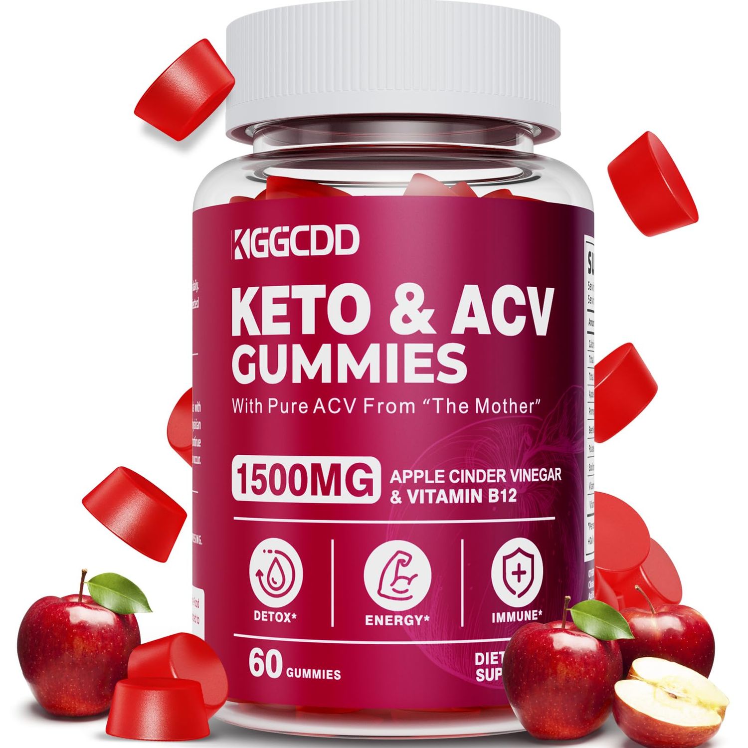 Keto ACV Gummies Advanced Weight - L0ss-,- Keto Gummy Supplement for Women and Men, with 1500MG Apple Cider Vinegar &amp; Vitamin B12, Vegan &amp; Non-GMO, Detox &amp; Cleanse, Low-Carb, 60 Count