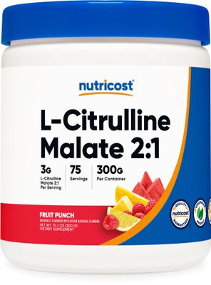 Nutricost L-Citrulline Malate 2:1 (300g) Fruit Punch - Workout Support, Muscle Performance, Nitric Oxide Booster - Fitness Supplement Powder, 75 Servings