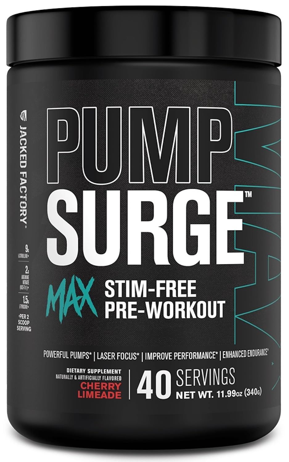Jacked Factory Pumpsurge Max Stim Free Pre Workout - High-Performance Caffeine Free Pre Workout with L-Citrulline, N03-T Arginine Nitrate &amp; Glutathione - 40 Servings, Cherry Limeade