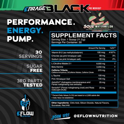 eFlow Nutrition Enrage Black High Stimulant Pre Workout Supplement - Preworkout Powder to Boost Energy, Pumps and Strength - 4 Flavors (30 Servings) (Sour Watermelon)