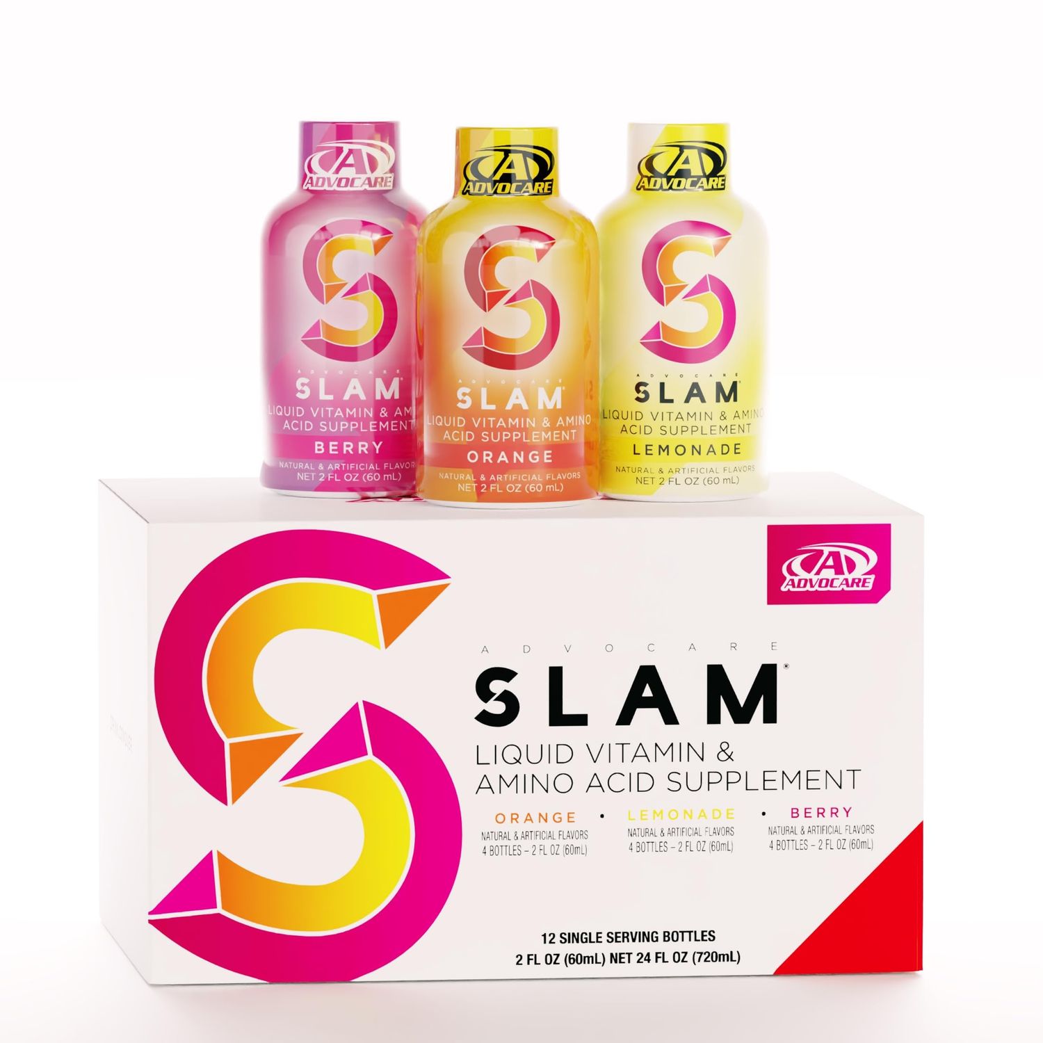 AdvoCare Slam Variety Pack - Liquid Vitamin &amp; Amino Acid Supplement - Contains Vitamin B-12, Vitamin B-6, Folic Acid &amp; More - Orange, Berry &amp; Lemonade - 12 Bottles