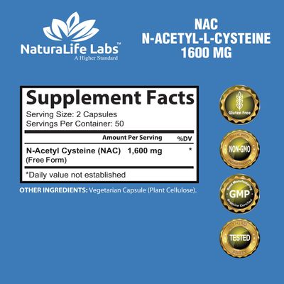 NaturaLife Labs A Higher Standard N-Acetyl-L-Cysteine (NAC) 1600 mg Immune Support & Antioxidants*, Free-Radicals, Free Form - 100 Veggie Capsules
