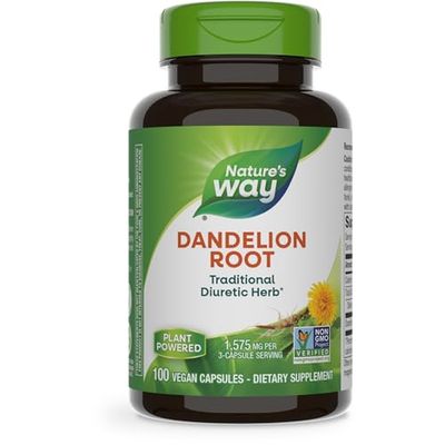 Nature&#39;s Way Dandelion Root, Traditional Diuretic Herb*, Traditionally used to Soothe Digestive Upset*, Vegan, 100 Capsules (Packaging May Vary)