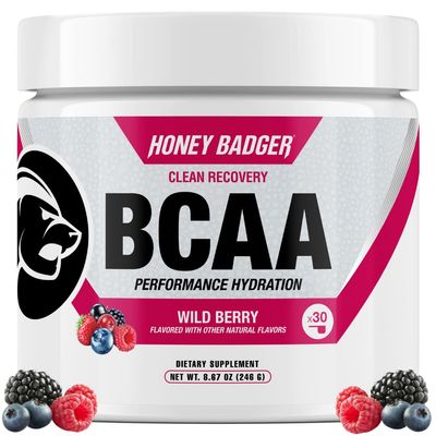 Honey Badger BCAA + EAA Amino Acids Electrolytes Powder, BCAAs + L-Glutamine, Keto, Vegan, Sugar Free for Men &amp; Women, Hydration &amp; Post Workout Muscle Recovery Drink Mix, Wild Berry, 30 Servings