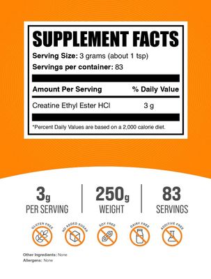 BulkSupplements.com Creatine Ethyl Ester HCl Powder - Creatine Supplement, Creatine Ethyl Ester Powder - Unflavored & Gluten Free, 3g per Serving, 250g (8.8 oz) (Pack of 1)