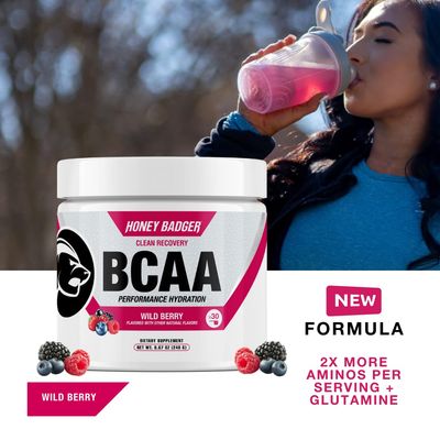 Honey Badger BCAA + EAA Amino Acids Electrolytes Powder, BCAAs + L-Glutamine, Keto, Vegan, Sugar Free for Men & Women, Hydration & Post Workout Muscle Recovery Drink Mix, Wild Berry, 30 Servings