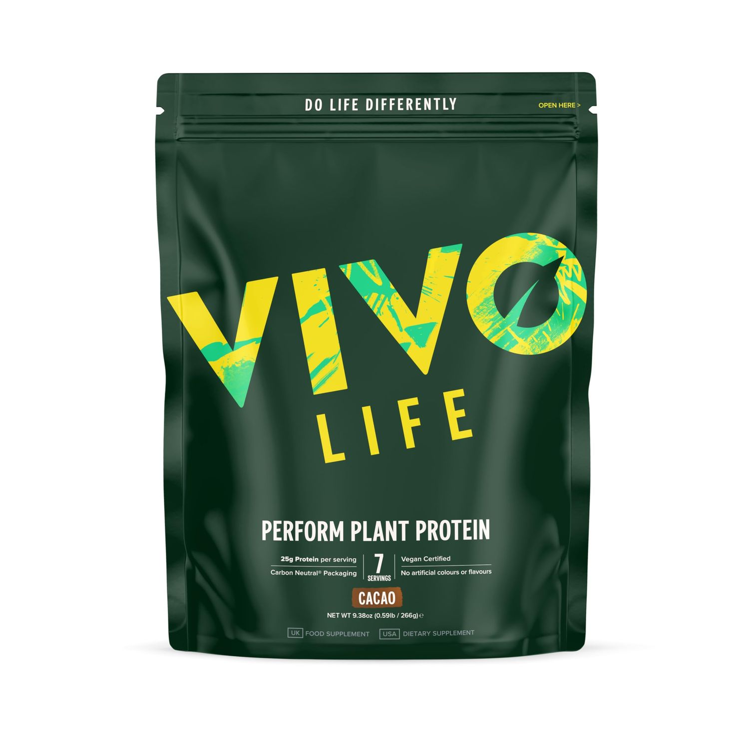 Vivo life Perform Plant Protein Powder - Raw Cacao, Vegan, 7 Servings - 266g / 9.38oz, BCAA Pea &amp; Hemp Blend