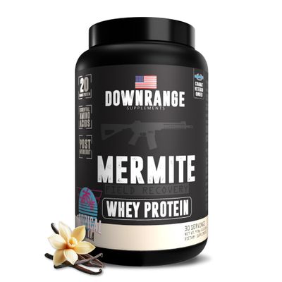 DownRange Mermite Whey Protein Powder, Post Workout Muscle Recovery &amp; Energy Support, Drink Mix Supplement with 20g Whey Protein, 9g Amino Acid, 30 Servings (Vanilla)