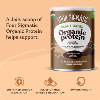 Four Sigmatic Organic Plant-Based Protein Powder Creamy Cacao Protein with Lions Mane, Chaga, Cordyceps and More | Clean Vegan Protein Elevated for Brain Function and Immune Support | 21.16 oz