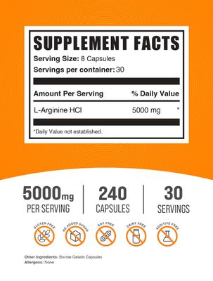 BulkSupplements.com L-Arginine HCl Capsules - Arginine Supplement, Nitric Oxide Supplement, L-Arginine 5000mg - Gluten Free, 8 Capsules per Serving, 240 Capsules (Pack of 1)
