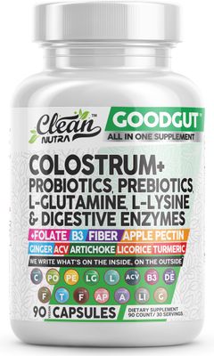 Colostrum Supplement Capsules Probiotics Pills Prebiotics, L-Glutamine, Digestive Enzymes, Folate, Fiber, ACV, Turmeric, Apple Pectin and Turmeric Clean Nutra Good Gut
