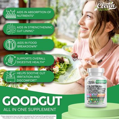 Colostrum Supplement Capsules Probiotics Pills Prebiotics, L-Glutamine, Digestive Enzymes, Folate, Fiber, ACV, Turmeric, Apple Pectin and Turmeric Clean Nutra Good Gut
