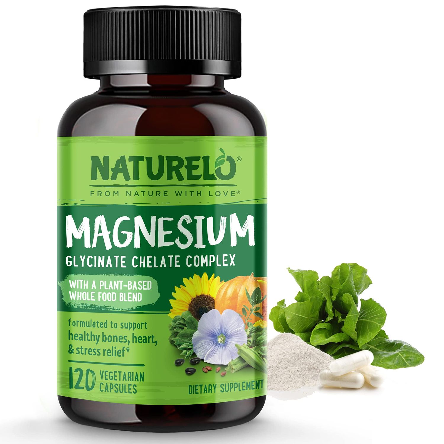 NATURELO Magnesium Glycinate Chelate Complex - 200 mg Magnesium with Organic Vegetables to Support Sleep, Calm, Muscle Cramp &amp; Stress Relief - Gluten Free, Non GMO - 120 Capsules