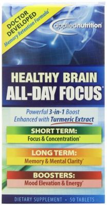 Applied Nutrition Healthy Brain All-Day Focus - 50 Tablets - Powerful 3-in-1 Brain Booster with Turmeric Extract - 25 Servings