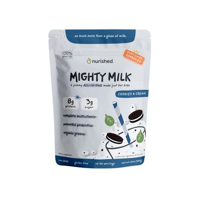 Nurished Cookies &amp; Cream Mighty Milk - Kids All-in-One Daily Protein Powder &amp; Multivitamin with Probiotics &amp; Organic Spinach - Natural Flavors, Colors &amp; Sweeteners - 15-30 Servings
