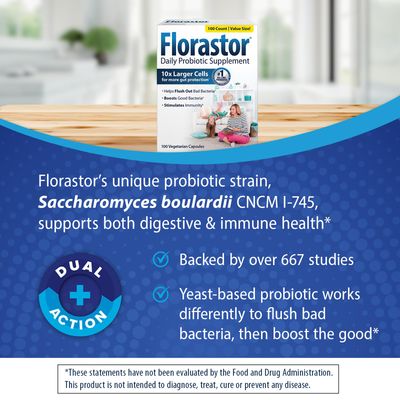 Florastor Probiotics for Digestive & Immune Health, 100 Capsules, Probiotics for Women & Men, Dual Action Helps Flush Out Bad Bacteria & Boosts The Good with Our Unique Strain Saccharomyces Boulardii