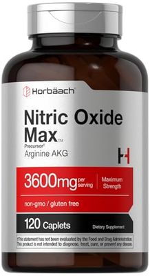 Horbach Nitric Oxide Max 3600mg | 120 Caplets | with Arginine AAKG for Men and Women | Vegetarian, Non-GMO, &amp; Gluten Free Pre Workout Supplement