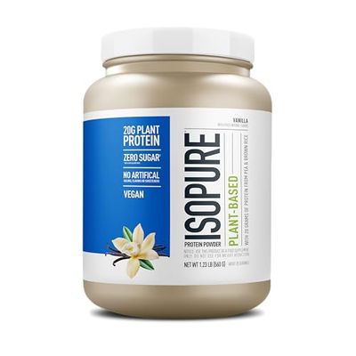 Isopure Vanilla Vegan Protein Powder, with Monk Fruit Sweetener &amp; Amino Acids, Post Workout Recovery, Sugar Free, Plant Based, Organic Pea Protein, Dairy Free, 20 Servings (Packaging May Vary)