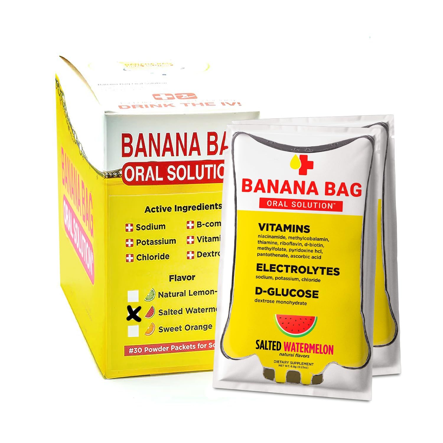 Banana Bag Oral Solution Salted Watermelon 30-Pack Medbox Pharmacist Hydration Recovery Formula - Electrolyte &amp; Vitamin Powder Packet Drink Mix