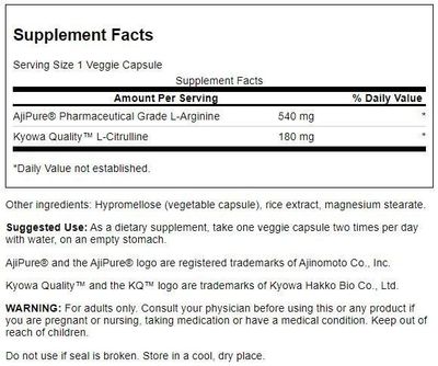 Swanson Amino Acid Ajipure L-Arginine with L-Citrulline 60 Veg Capsules