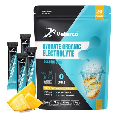 Veterco Hydration Electrolyte Powder, Electrolyte Drink, Hydration Supplement Drink Mix, Hydration Packets with Vitamin &amp; Mineral, Keto Friendly, Vegan, Non-GMO, No Sugar, Pineapple Flavor (20 Sticks)