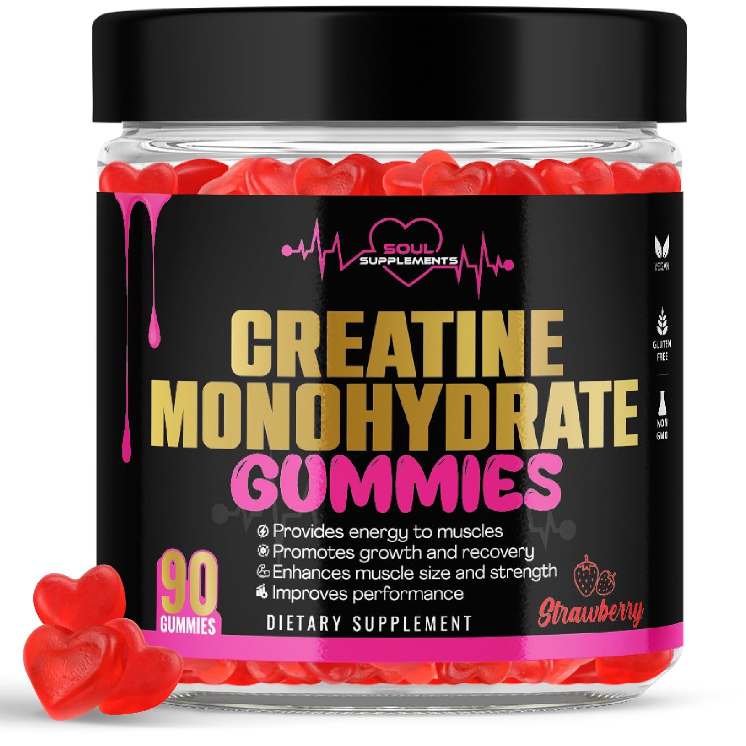 Generic Creatine Monohydrate Gummies for muscle recovery, muscle gain and strength, energy focus and brain health, gluten free, non GMO, vegan supplement for men and women, 30 servings 90 ct