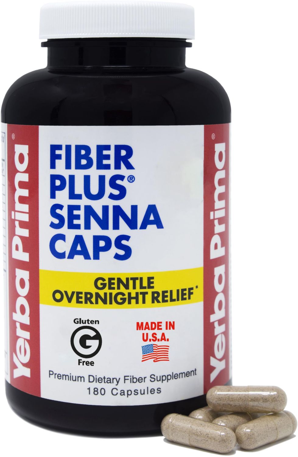 Yerba Prima Fiber Plus Senna Capsules, 180 Count - Gentle Overnight Relief, USA Made, Non-GMO, for Short-Term Use to Restore Regularity