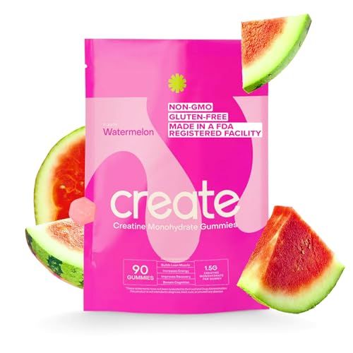 Create Creatine Monohydrate Gummies for Men &amp; Women - Boost Focus, Strength, and Endurance, Anti-Melting Formula, Vegan, Gluten-Free, Non-GMO, 1.5 Gram Creatine per Gummy (Watermelon, 90 ct)